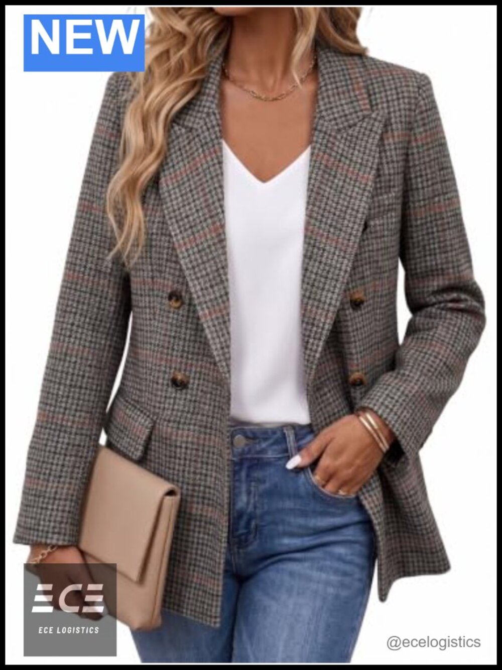 Wool Blend Tweed Plaid Blazer Slim Fit Business Casual Women's